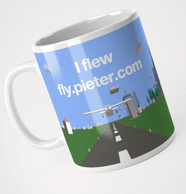 A colorful mug featuring a playful design related to flying.