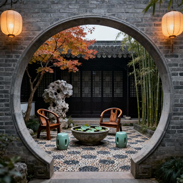 View through a circular moon gate into a traditional Chinese courtyard. A pebble mosaic patio surrounds a large stone bowl with lotus leaves, with two curved wooden chairs and two celadon ceramic garden stools arranged around it. To the left stands a perforated scholar’s rock and a maple tree with orange leaves; to the right, a grove of bamboo. Dark timber lattice doors and a tiled roof form the backdrop, while two paper lanterns glow warmly.