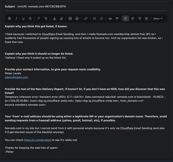 Screenshot of an email blacklist query for the domain "nomads" on ivmURI showing it is blacklisted and associated with Fastmail.