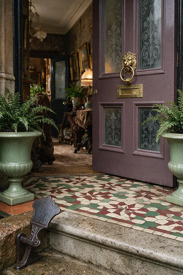 A Victorian-style front entrance with a deep plum door featuring etched glass panels, a brass lion-head knocker, and a brass mail slot. Patterned mosaic tiles in red, cream, and green cover the threshold, flanked by large pale green urn planters with ferns. Inside, the dark, richly decorated hallway suggests layered Victorian furnishings and warm ambient light.