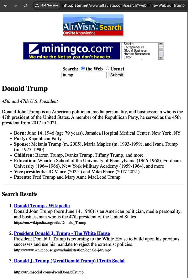 Screenshot of the AltaVista search engine interface from 1997-1999 featuring a vintage random ad banner on the right side.