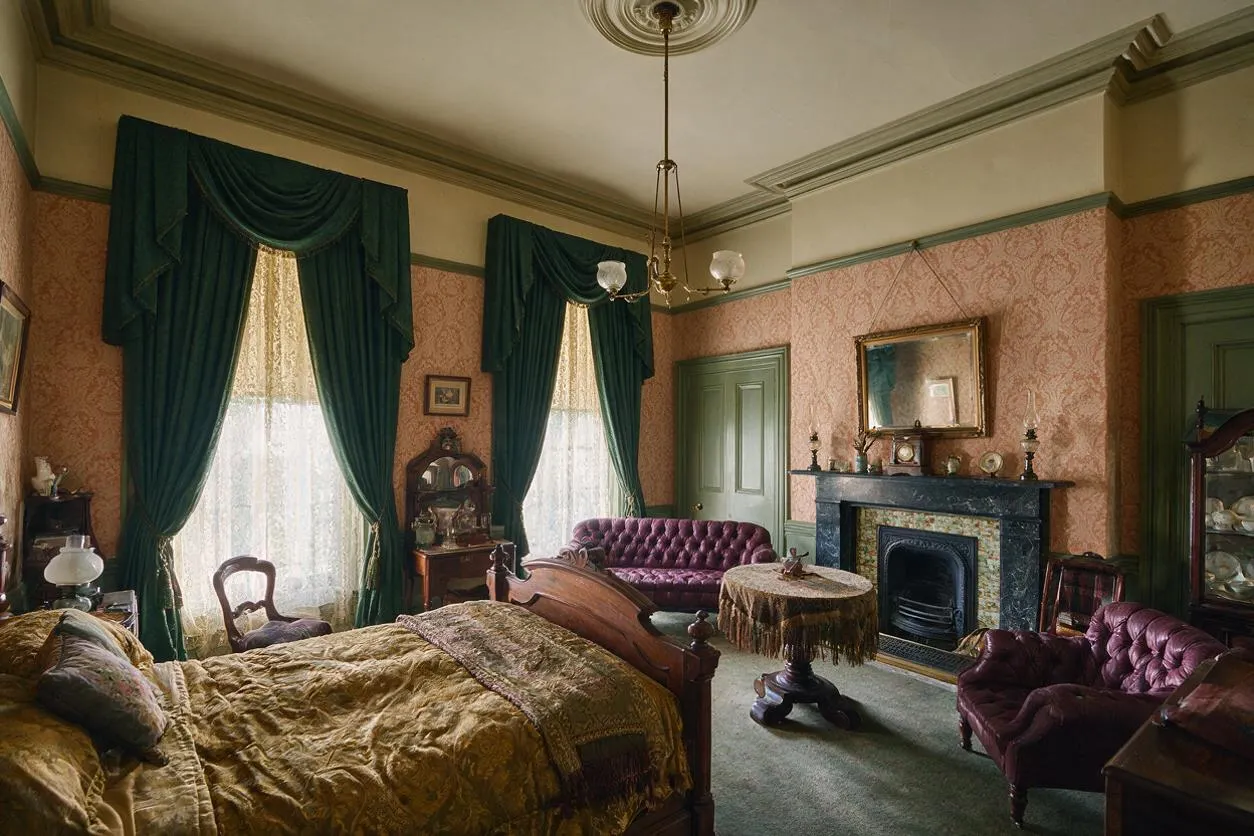A Victorian-style guest bedroom with a carved wooden bed dressed in gold bedding, tall windows framed by deep green drapes, and pink patterned wallpaper. The room includes a dark marble fireplace, purple velvet seating, antique furnishings, and ornate trim, creating a richly decorated period interior.