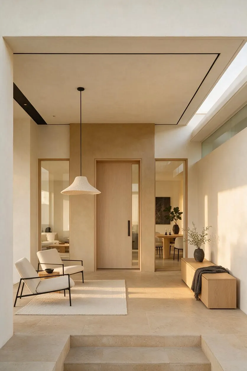 A minimalist front porch with a recessed ceiling, pale stone flooring, and a centered light wood front door flanked by glass sidelights. Two white lounge chairs sit on a small rug, while a low wood bench, vase, and draped textile add warmth to the calm neutral space.