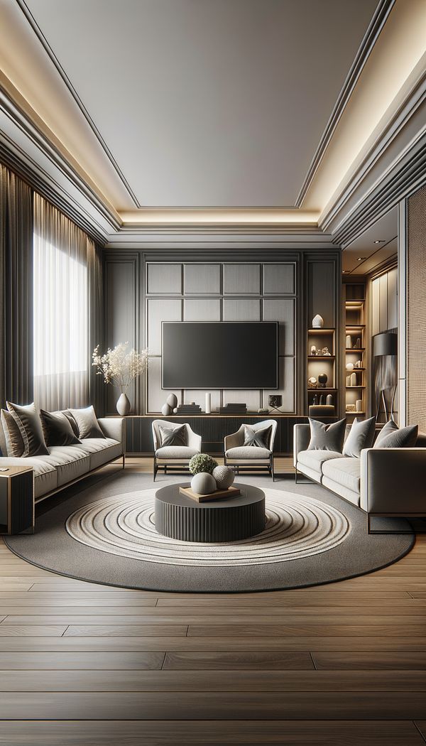 An elegant living room with a sofa, coffee table, and television aligned perfectly along the same axis, creating a harmonious and inviting space.