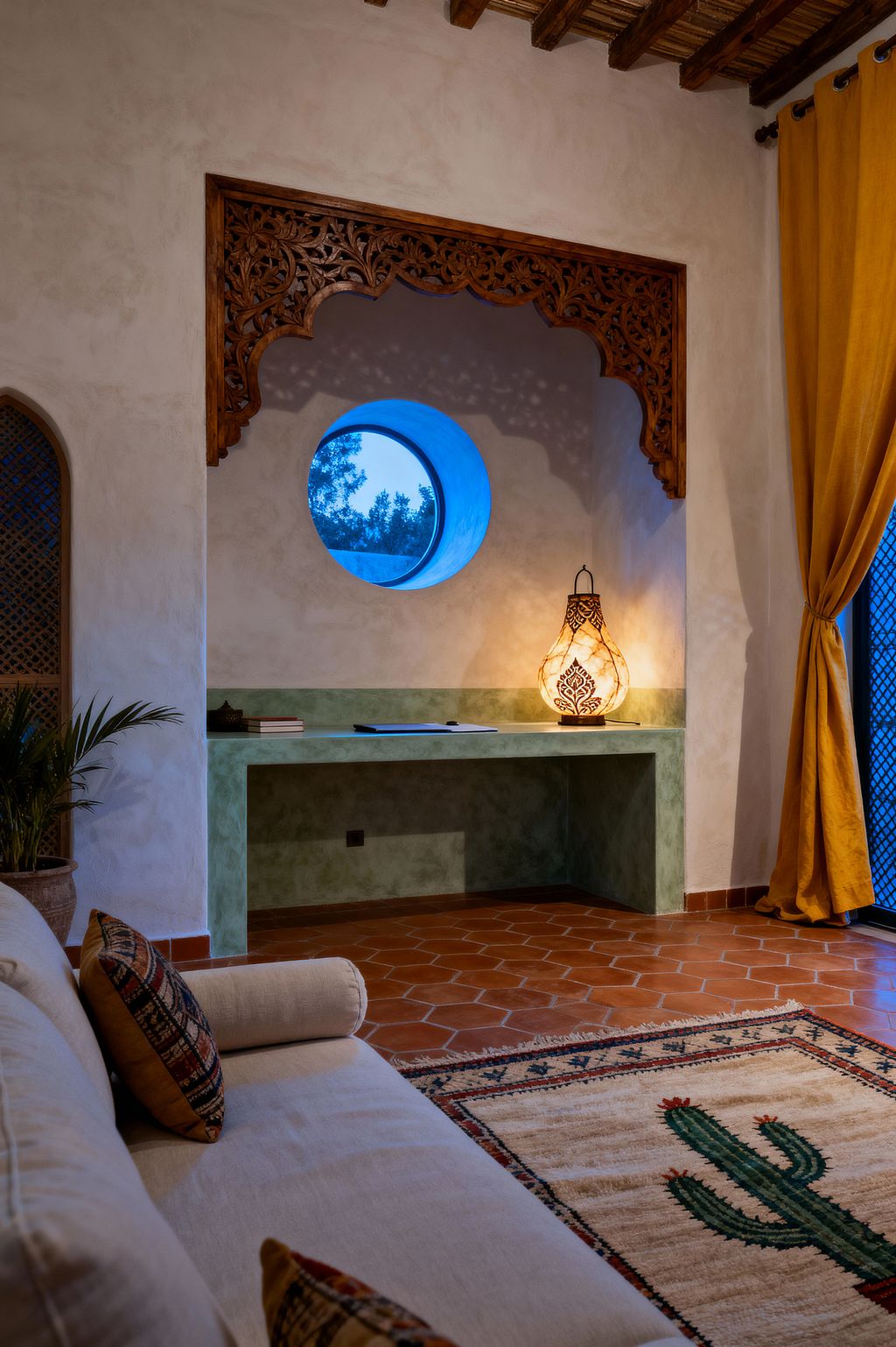 A Moroccan-inspired home office features a built-in sage green plaster desk set within a wall niche under an ornate carved wood canopy. A round porthole window and a glowing pierced-metal lantern provide soft light. The room has terracotta hex floor tiles, warm cream plaster walls, exposed wood ceiling beams, and mustard curtains. A beige sofa with patterned cushions sits by a cream rug with a green cactus motif, with a lattice screen and a potted palm nearby.