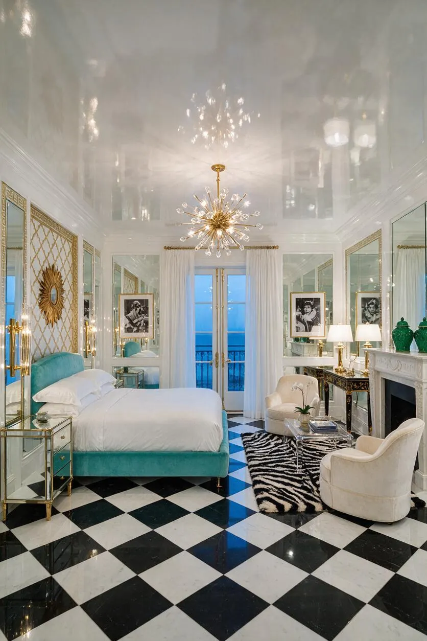 A luxurious master bedroom features a turquoise velvet bed, mirrored wall panels with gold lattice detailing, and a black-and-white checkered floor. A starburst chandelier, zebra rug, cream lounge chairs, and a white fireplace create a dramatic Hollywood Regency look.