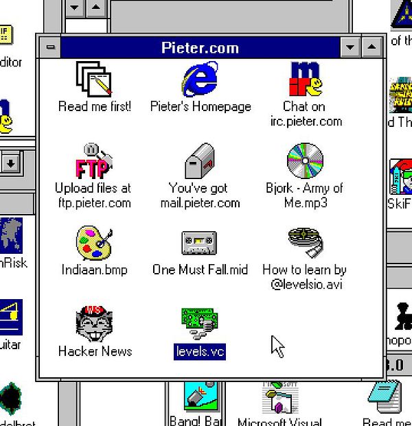 The image displays a retro computer interface featuring a menu for Pieter.com with various icons and links.