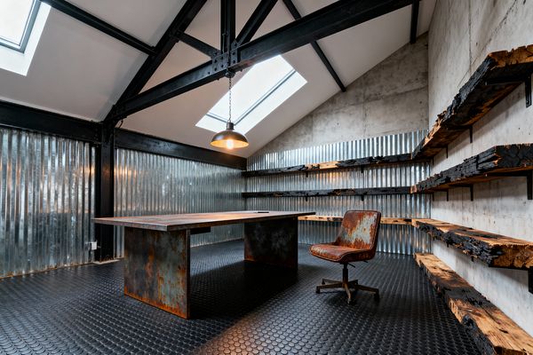 A home office in industrial style features corrugated metal walls, a raw concrete wall, and exposed black steel trusses beneath a vaulted ceiling with two skylights. A large patinaed steel desk sits on black coin rubber flooring next to a worn brown swivel chair. Live-edge charred wood shelves line two walls on black brackets, and a single dome pendant hangs above the desk.
