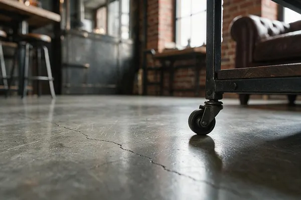 A low-angle view of an industrial-style room featuring a smooth, polished concrete floor with visible cracks and subtle sheen. Black metal furniture legs on caster wheels sit in the foreground, with exposed brick walls, tall windows, and dark leather seating blurred in the background.