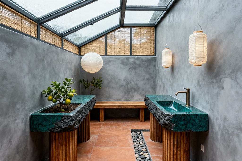 A narrow kitchen-like space under a sloped glass skylight features two emerald-green stone consoles on fluted wooden legs, one with a built-in sink and brass faucet and the other with an integrated planter holding a small citrus tree. The floor is terracotta tile with a river-pebble channel, walls are smooth gray plaster, and bamboo shades line the clerestory. Paper lantern pendants provide soft light, with a simple wood bench at the far end.