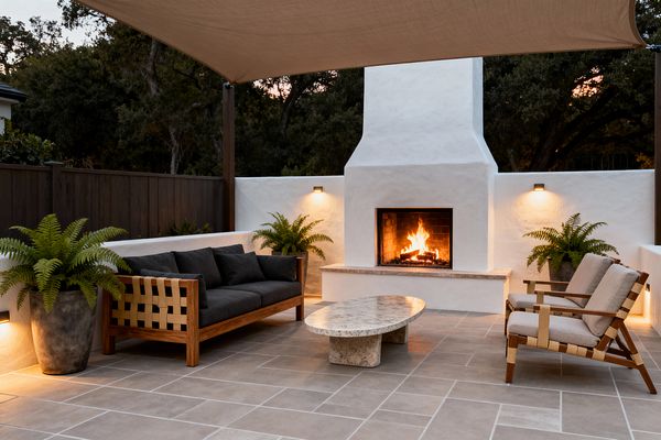 A transitional outdoor patio features a white stucco fireplace burning brightly with a built-in bench and taupe porcelain pavers under a taupe shade sail. Furnishings include a teak sofa with beige woven webbing and charcoal cushions, two matching armchairs with light cushions, and an oval travertine coffee table, accented by black wall sconces, concrete planters with ferns, a dark wood privacy fence, and surrounding trees at dusk.