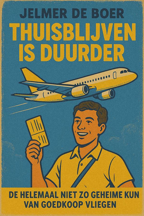 A retro-style book cover featuring a smiling man holding a ticket with an airplane in the background.