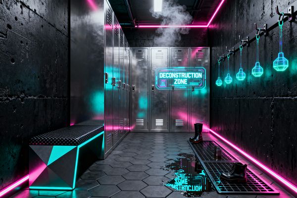 A cyberpunk mudroom with rough black concrete walls and charcoal hex tile floors features a run of stainless steel lockers marked by a glowing “DECONSTRUCTION ZONE” sign in cyan and magenta neon. A faceted metal bench sits to the left; to the right, wall hooks accompany neon pendant forms above steel boot grates and puddles with black combat boots, while exposed pipes and drifting steam heighten the industrial mood.
