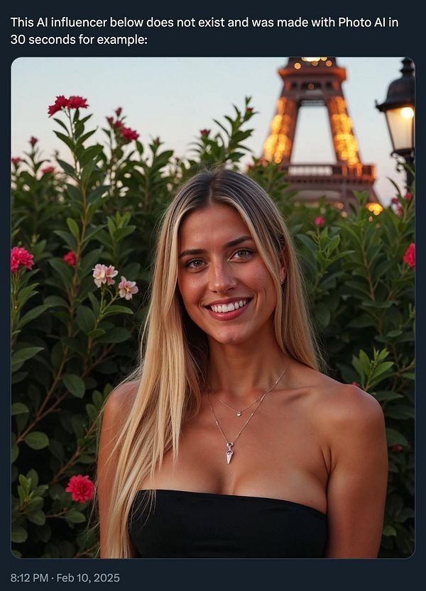 A digitally created AI influencer poses in front of the Eiffel Tower, surrounded by flowers.