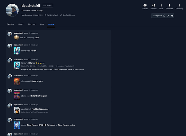 The image displays a user profile activity feed on a gaming platform.