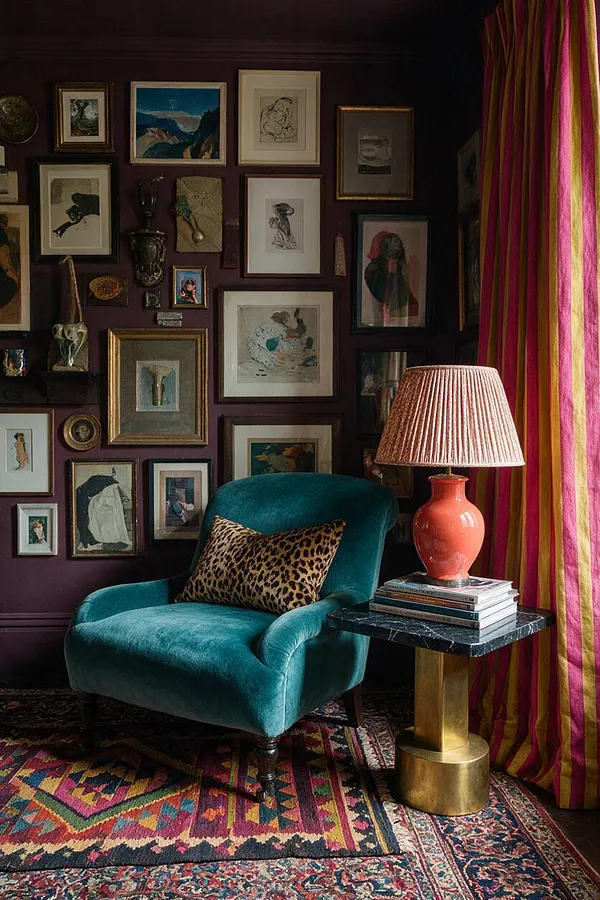 A richly layered maximalist corner with a teal velvet armchair and leopard-print lumbar pillow set against a dark plum wall filled with framed artwork and small decorative objects. A coral table lamp sits on a black marble-top side table beside striped pink-and-gold curtains, while a multicolored patterned rug grounds the space.