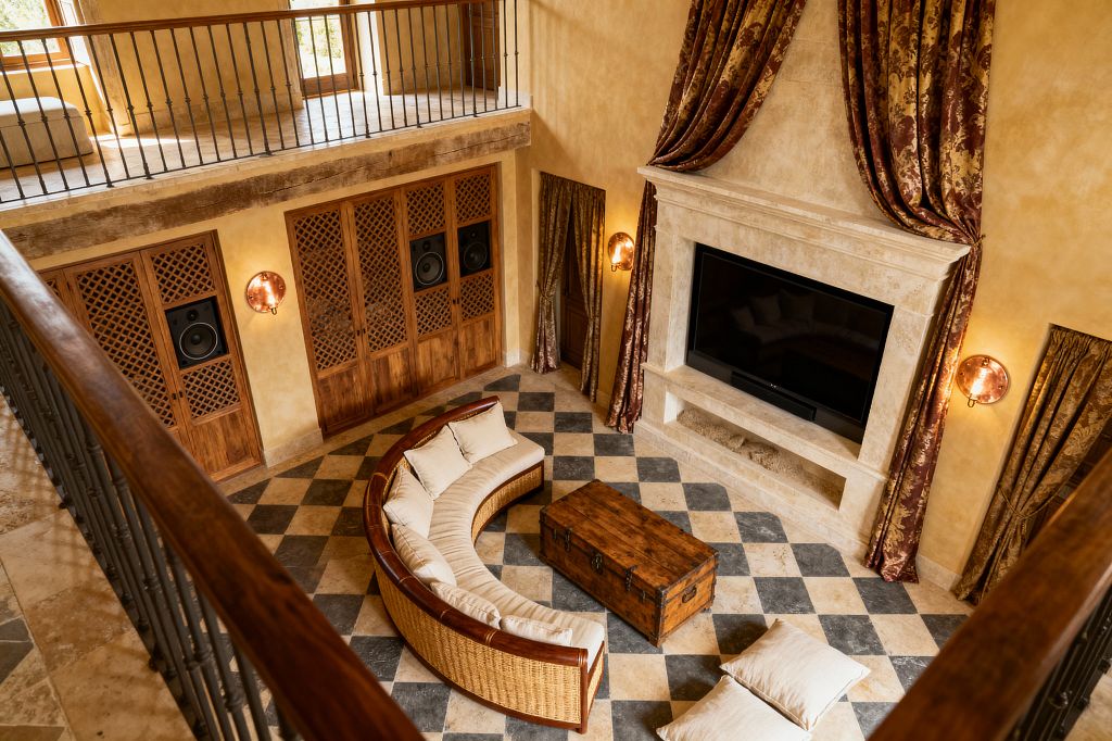 Double-height French Country media room viewed from an upper railing, featuring a carved limestone fireplace with a large flat-screen TV, burgundy-and-gold damask drapery, and warm plaster walls. A curved rattan sectional with cream linen cushions surrounds a rustic wood trunk on a tumbled limestone and charcoal slate checkerboard floor, with latticed wood cabinets and in-wall speakers, copper-toned sconces, floor pillows, and wrought-iron balustrades adding texture and warm light.