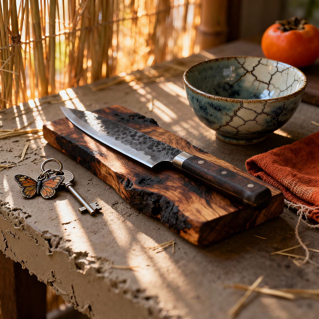 On a rough, chipped concrete counter, a charred live-edge wooden cutting board holds a hammered chef’s knife with a dark wood handle. Nearby sit a blue‑gray crackle‑glazed bowl, a rust linen cloth, a persimmon, a brass key with a butterfly keychain, and scattered straw, while a bamboo reed screen and posts filter warm sunlight into soft stripes.