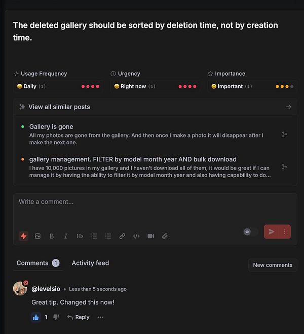 The image displays a task management interface discussing the sorting of deleted photos by deletion time.