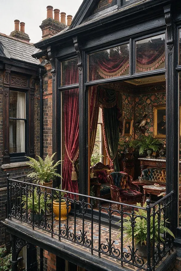 A Victorian-style exterior with dark painted timber trim, red brick walls, and a small wrought-iron balcony in front of a large bay window. Through the glass, a richly decorated sitting room is visible with velvet curtains, floral wallpaper, antique furniture, and framed portraits.