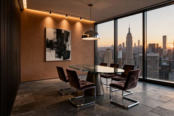 A contemporary dining room features a glass oval table on a brushed metal pedestal, surrounded by six velvet cantilever chairs beneath a chrome dome pendant. A warm tan plaster wall with black-and-white abstract art is highlighted by cove LEDs and track lights, while floor-to-ceiling windows frame a sunset city skyline; large charcoal stone tiles ground the space and a dark slatted panel defines the adjacent wall.