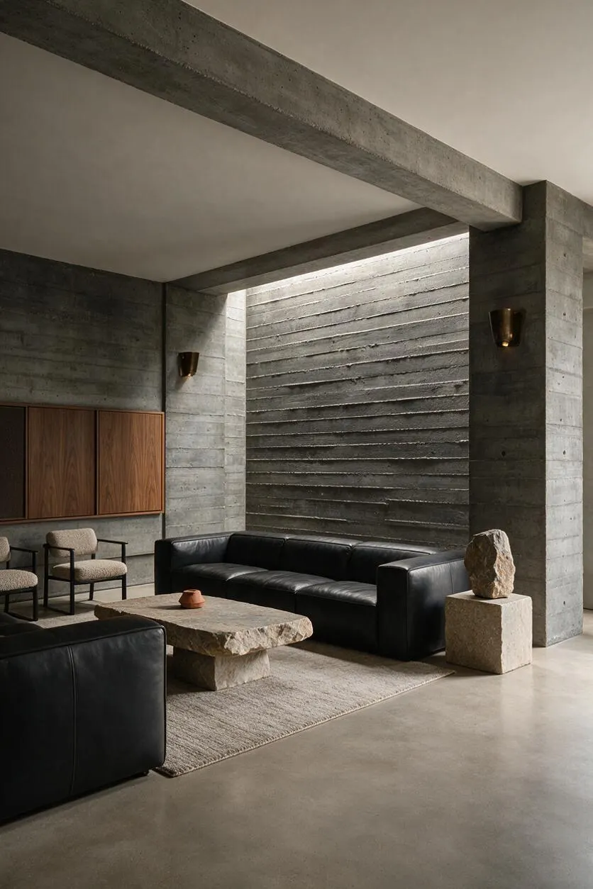 A Brutalist-style media room with exposed concrete walls and ceiling beams, black leather sofas, and a rough stone coffee table on a neutral rug. Wood-front wall cabinets and sculptural stone accents soften the otherwise stark, monolithic space.