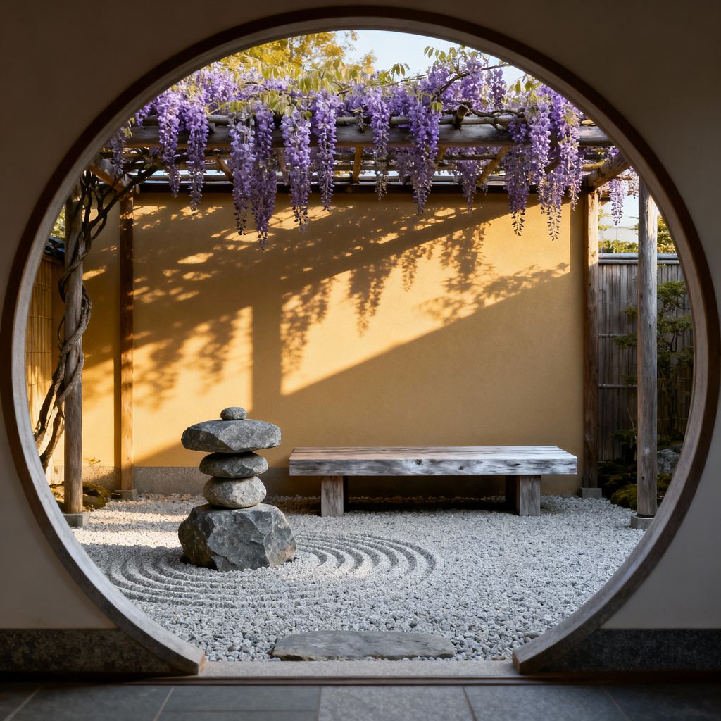 Through a circular moon gate, a compact Japanese Zen patio features white raked gravel forming concentric rings around a stacked stone cairn. A weathered wood bench sits before a warm ochre plaster wall, while a timber pergola overhead drapes with purple wisteria blossoms. A bamboo screen and natural posts frame the space, with a flat stepping stone and soft afternoon shadows creating a calm, minimalist atmosphere.