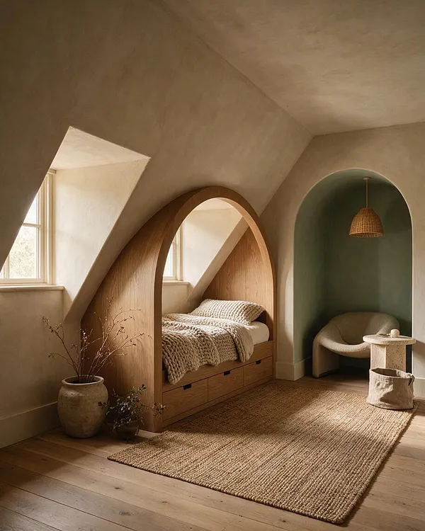 A cozy kids' room with sloped ceilings, arched niches, and warm neutral finishes. A wooden bed with built-in drawers sits beside a woven rug, while a small chair, pendant light, and ceramic decor add organic texture.
