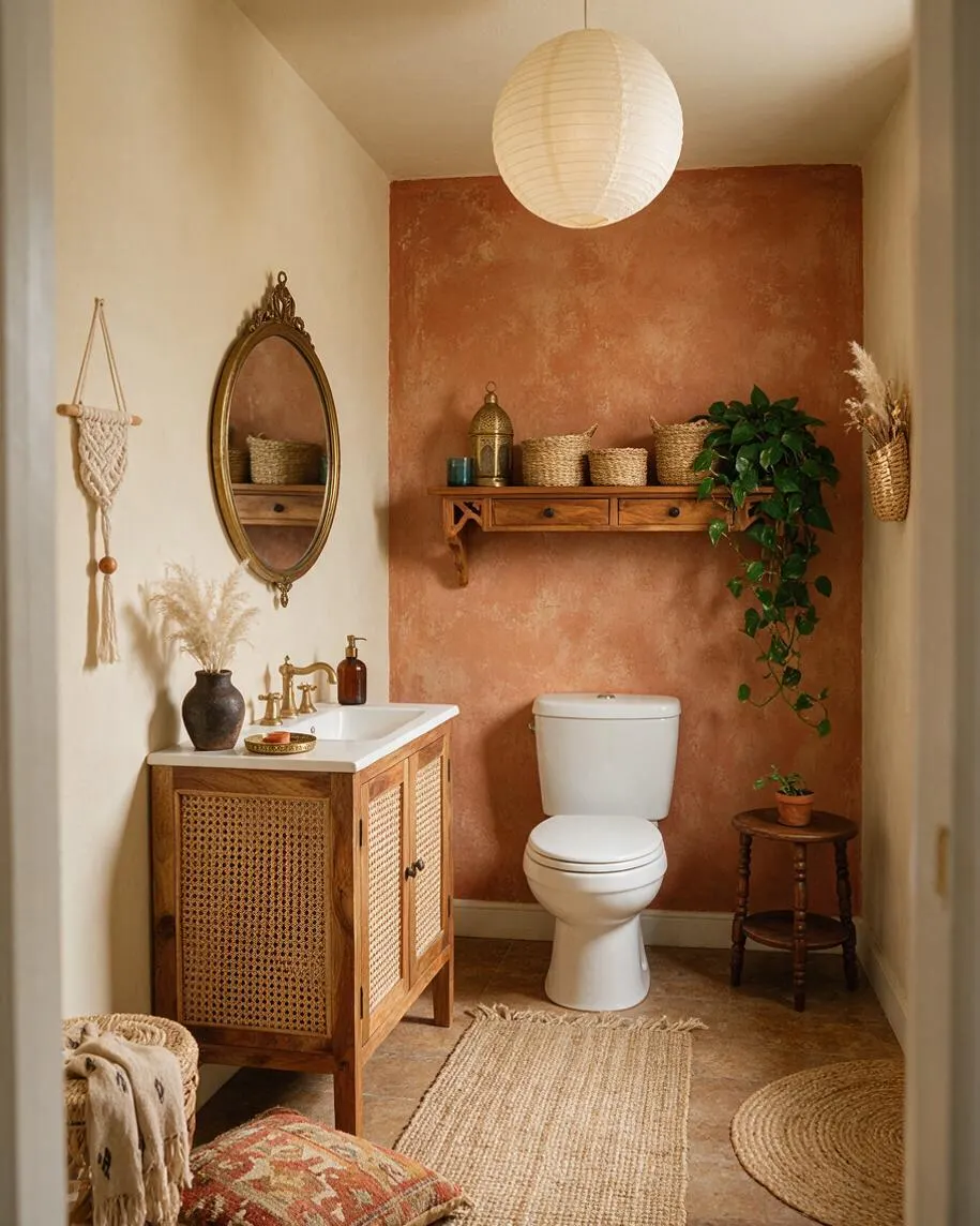 A cozy bohemian powder room with a terracotta accent wall, white toilet, and natural wood vanity with woven cane fronts. The space includes an oval gold-framed mirror, macrame wall hanging, hanging globe light, wicker baskets, potted greenery, and layered jute rugs.