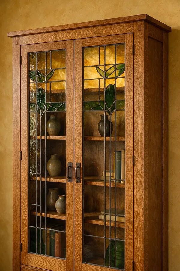 A tall Craftsman-style oak cabinet stands against a warm textured wall, featuring two front doors with decorative leaded glass panels and dark metal handles. Inside, wooden shelves display small ceramic vases and a few books, creating a cozy, handmade look.