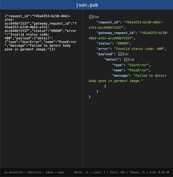 The image displays a JSON error response related to a body pose detection issue.
