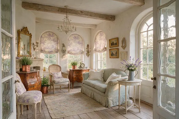 A bright French Country sunroom with white plaster walls, exposed wood ceiling beams, and tall arched windows dressed in lavender toile Roman shades. The room includes a pale blue slipcovered sofa, cane and upholstered chairs, antique wood commodes, a gilded mirror, a chandelier, and fresh flowers, all on wide-plank wood floors and a faded area rug.