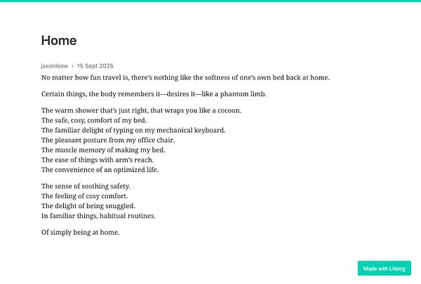 A reflective piece about the comforts of home, emphasizing personal experiences and feelings.