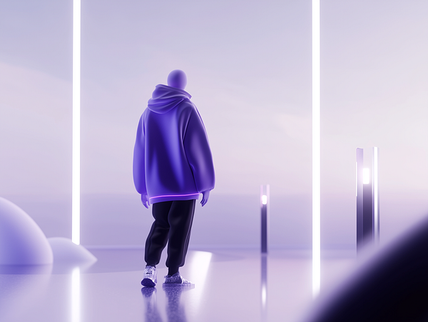A stylized figure stands in a futuristic, minimalistic environment with purple hues and glowing elements.