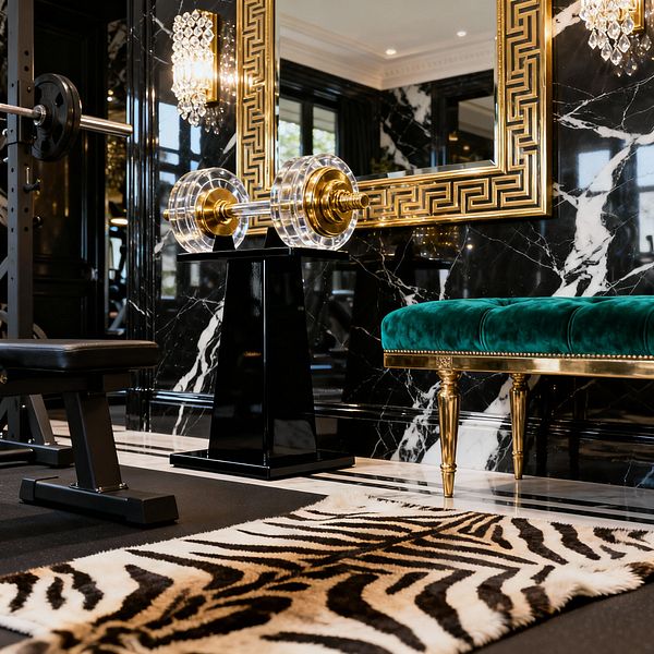 A Hollywood Regency-style home gym with black marble walls streaked with white, anchored by an oversized gold Greek key mirror and sparkling crystal sconces. In the foreground are a black weight bench, a zebra-print rug, and a black lacquer pedestal holding a brass-and-clear-acrylic dumbbell, while an emerald velvet bench with gilded, tapered legs adds color and softness beneath layered reflections and warm, recessed lighting.
