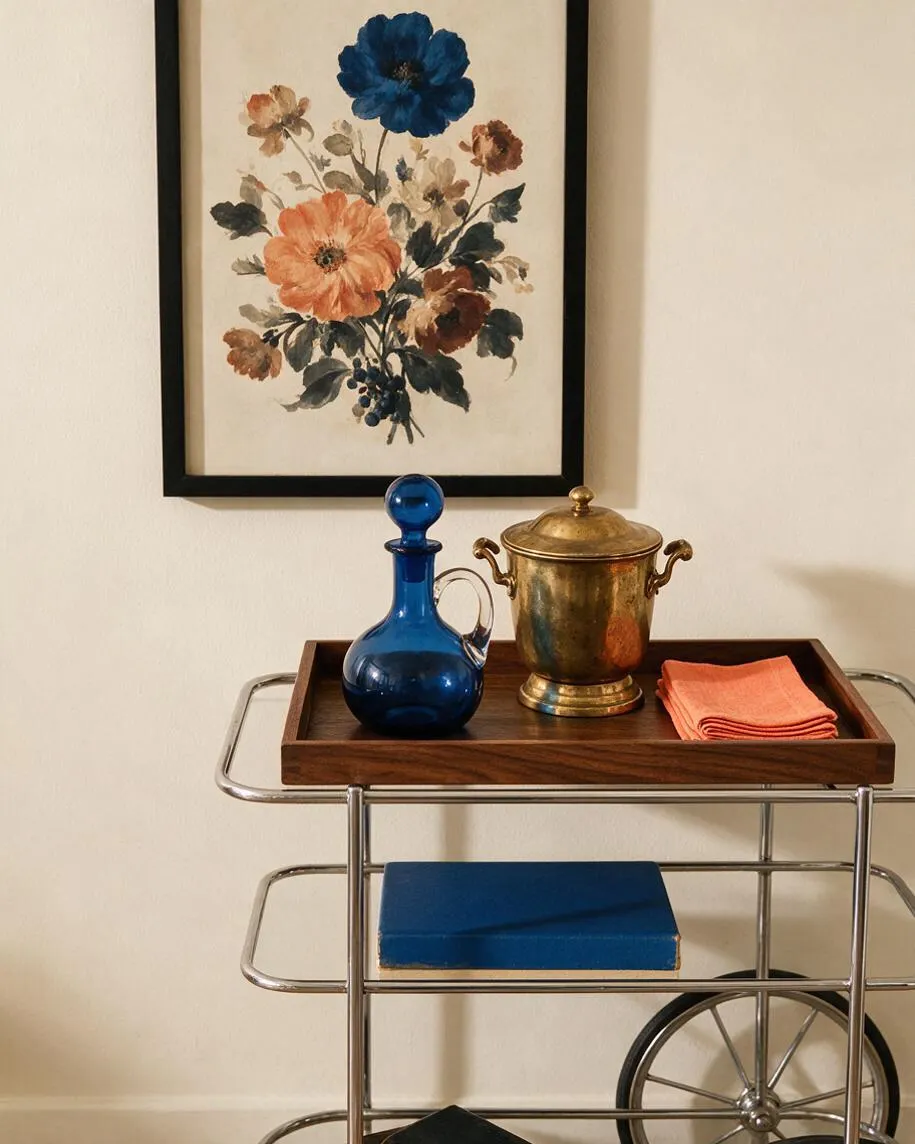A styled bar cart sits against a light wall beneath a framed floral painting. The cart holds a blue glass decanter, a brass ice bucket, folded coral napkins, and a blue book, with chrome rails and wood tray adding mixed-metal, vintage-inspired appeal.