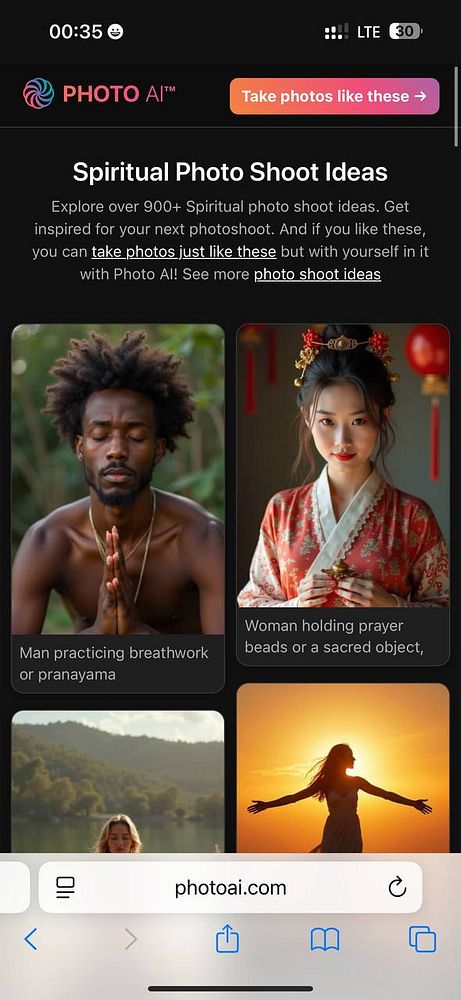 The image features a mobile interface displaying spiritual photo shoot ideas with three example images.