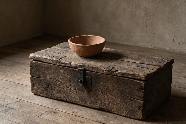 A low rectangular wooden chest with a heavily weathered surface sits on a worn wood floor against a textured plaster wall. A small unglazed clay bowl rests on top, highlighting the earthy, handcrafted Wabi-Sabi aesthetic.