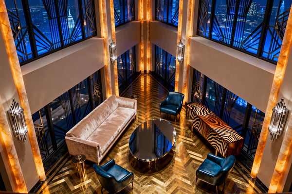 Bird’s-eye view of a double-height Art Deco living room at night, framed by floor-to-ceiling windows with black geometric grilles. Backlit onyx columns and chrome tiered sconces wash the space in amber light. A champagne velvet sofa and three deep teal leather armchairs circle an oval black-glass coffee table with a brass base atop a glossy herringbone parquet floor with brass inlay. A zebrawood sideboard lines the right wall, with small gold side tables beside the seating.