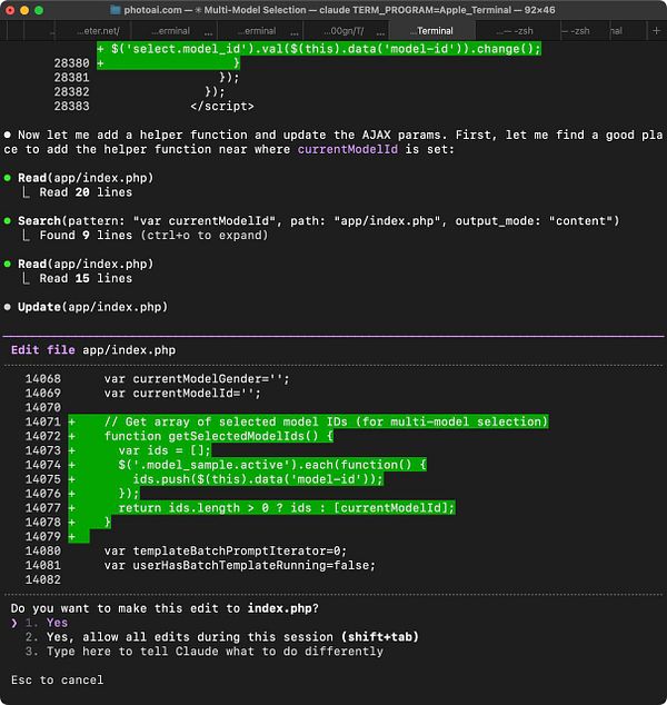 The image displays a terminal interface showing code related to multi-model selection functionality in a web application.