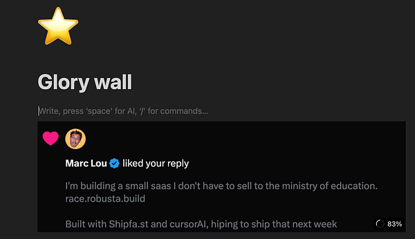 A Notion page titled 'Glory wall' displays a liked reply from Marc Lou about a SaaS project.