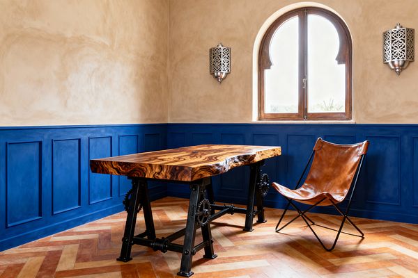 A Moroccan-style home office corner features a live-edge wood desk on black industrial trestles beside a cognac leather butterfly chair, set against Majorelle blue paneled wainscoting and warm sand-colored plaster. A keyhole-arched, wood-framed window admits daylight, flanked by two silver pierced-metal lantern sconces, while terracotta and cream herringbone floor tiles add warmth and pattern.