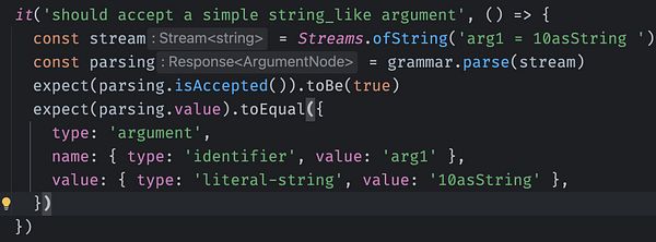 The image displays a code snippet for parsing a string-like argument in a programming context.