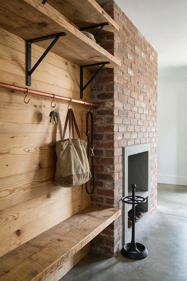 An industrial-style entryway features a reclaimed wood wall with open shelves, a copper hanging rod with hooks, and a built-in bench. Exposed red brick wraps the corner beside a recessed niche, while a black metal umbrella stand sits on the concrete floor. The space uses warm natural wood, raw brick, and dark metal accents.