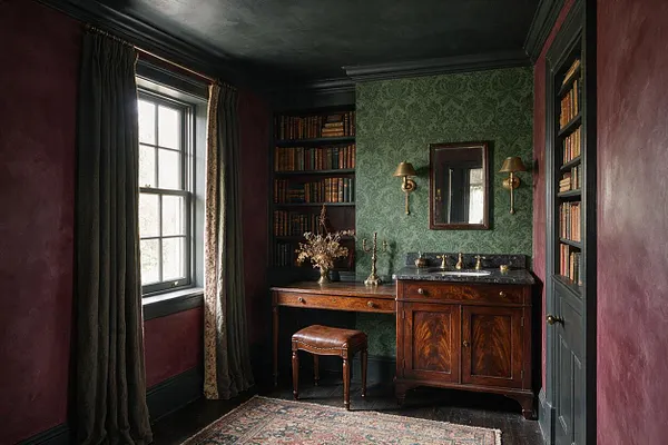 A dark academia bathroom with deep burgundy walls, a green patterned wallpaper feature wall, and built-in bookshelves filled with books. A vintage wood vanity with a dark stone top sits beside a writing desk, with a small leather stool, brass sconces, a framed mirror, heavy drapery, and a faded patterned rug.