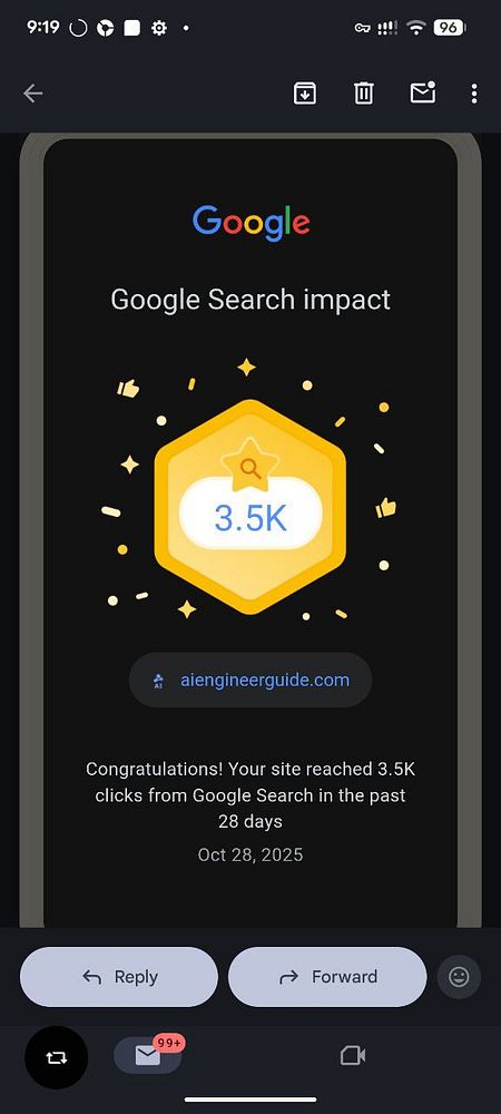 The image displays a congratulatory message from Google regarding website performance.