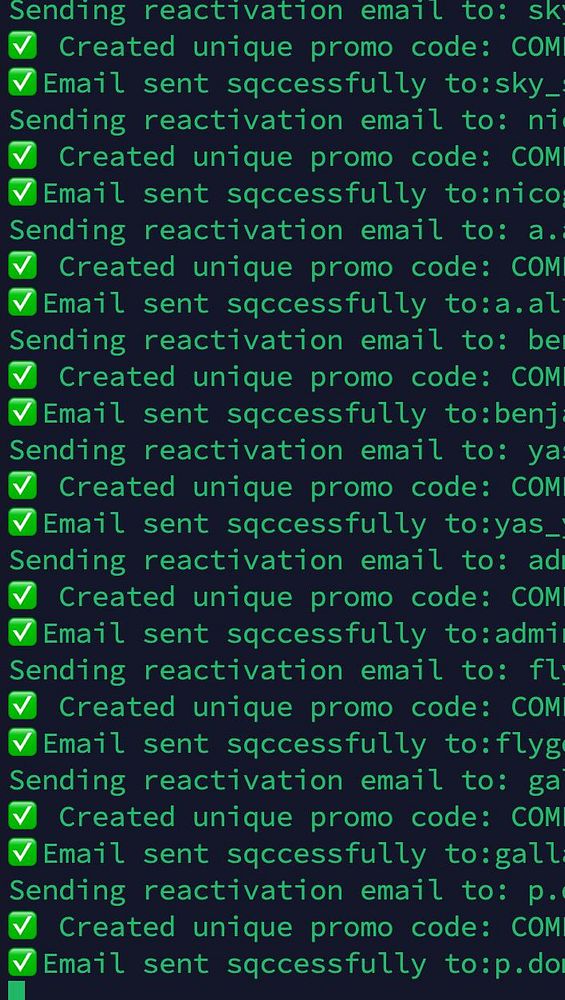 The image displays a terminal interface showing the process of sending reactivation emails to customers.