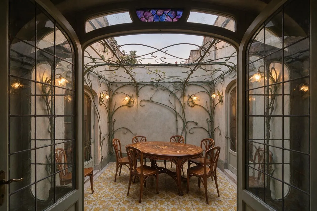 A small enclosed patio arranged as a dining area, with a round carved wooden table and six bentwood chairs centered on patterned tile flooring. Curving iron vines, glass-paneled doors, arched windows, warm wall sconces, and a small stained-glass panel create an ornate Art Nouveau atmosphere.