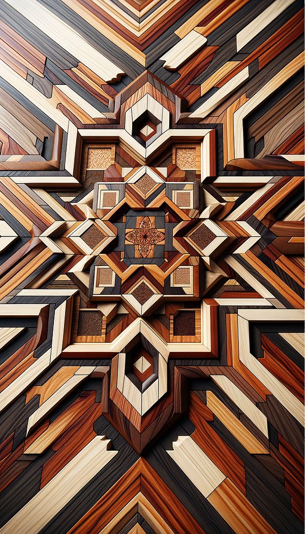 A close-up image of a wooden table surface with intricate inlay work of various woods forming a geometric pattern.