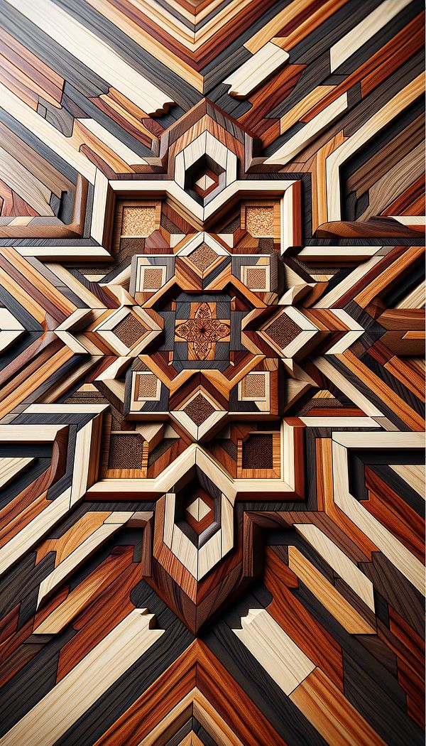 A close-up image of a wooden table surface with intricate inlay work of various woods forming a geometric pattern.